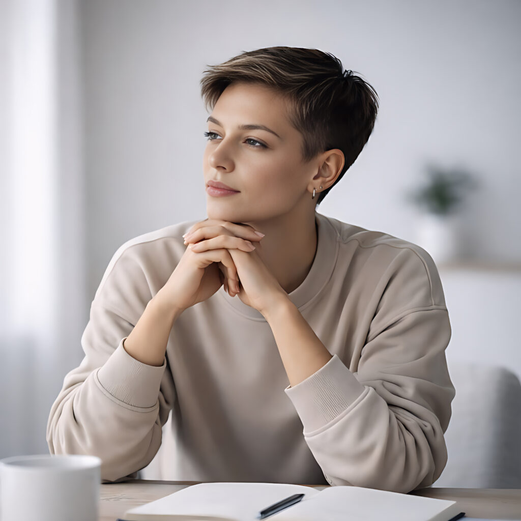 Overthinking and mental health reflected by a calm adult in a thoughtful state.