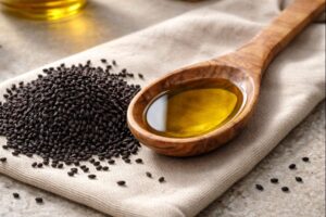 Black seed oil and whole black cumin seeds arranged on a kitchen surface.