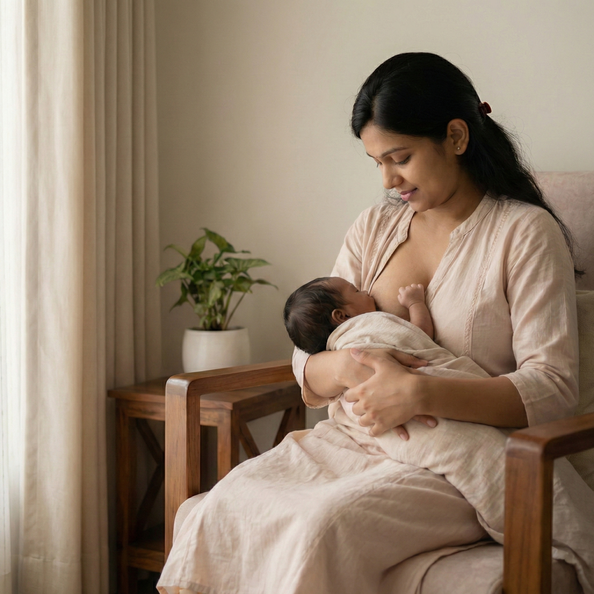 New mother breastfeeding her newborn baby at home.