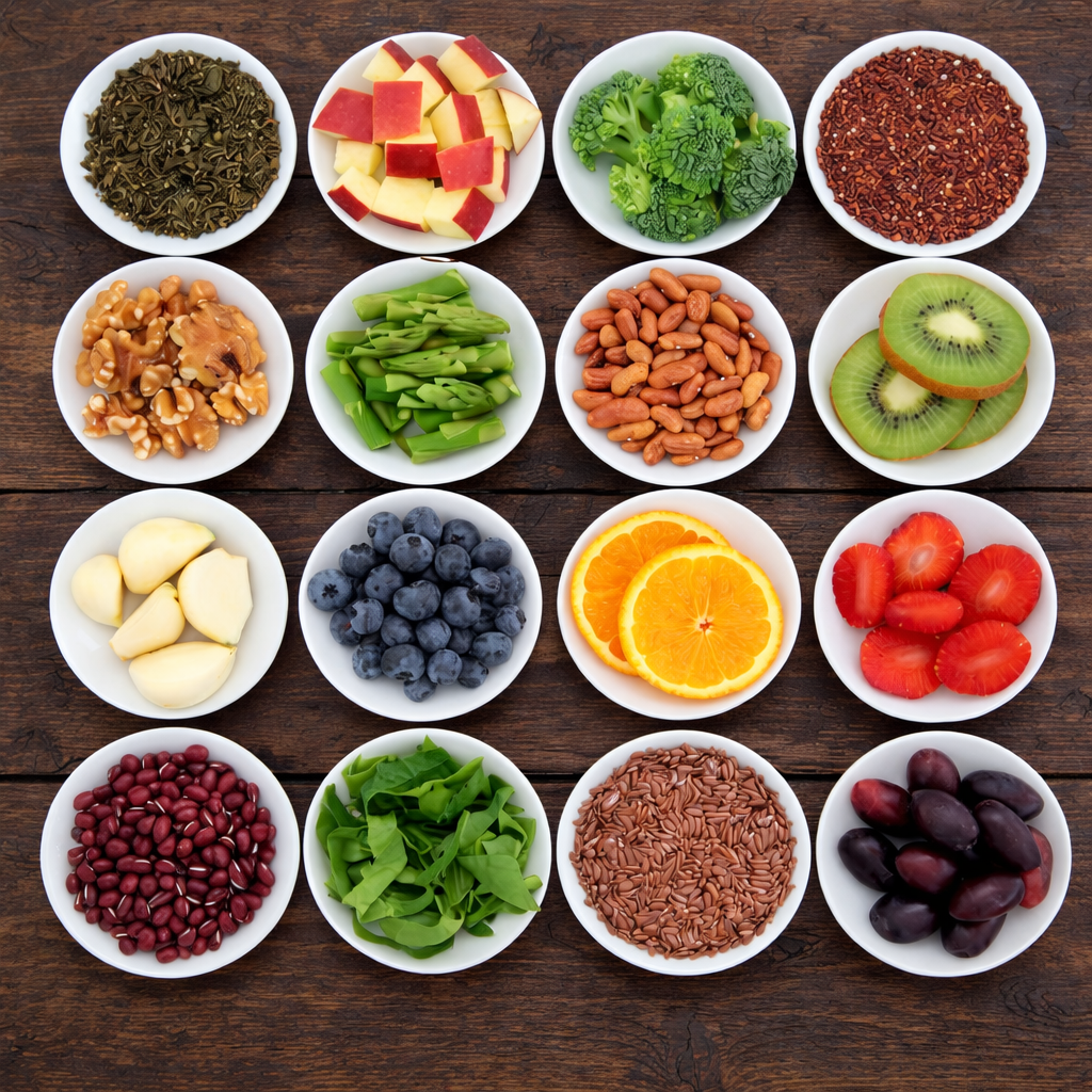 What are superfoods shown as nutrient-dense whole foods including fruits, vegetables, legumes, nuts, and seeds