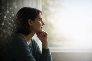 Person reflecting by a window, symbolizing brain changes, habit formation, and recovery from porn addiction